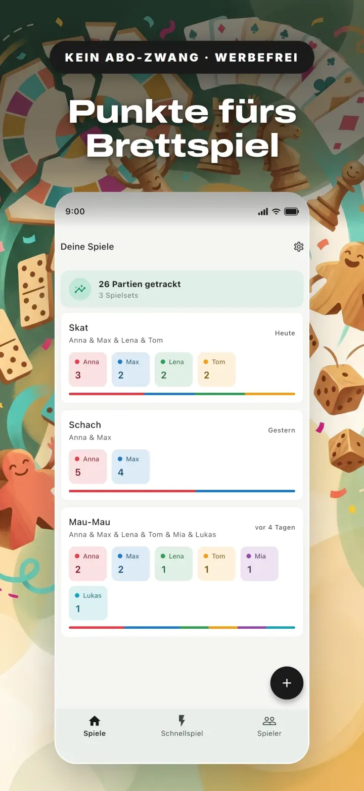 Gametracker: Startseite mit Spielsets für Skat, Schach und Mau-Mau und den Siegen je Spieler