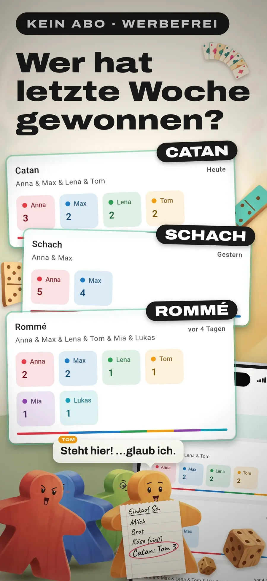 Gametracker Startseite: Spielsets für Catan, Schach und Rommé mit Siegen je Spieler, werbefrei und ohne Abo
