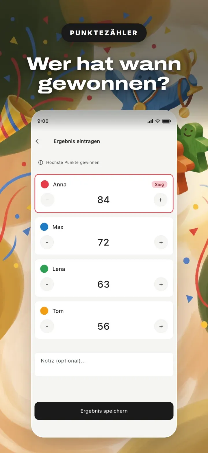 Gametracker: Ergebnis eintragen: Punkte je Spieler, Sieger wird automatisch markiert