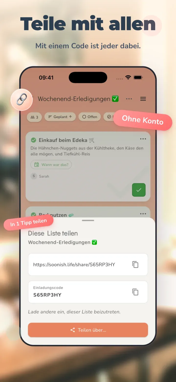 soonish: Liste per Code teilen, ohne Konto