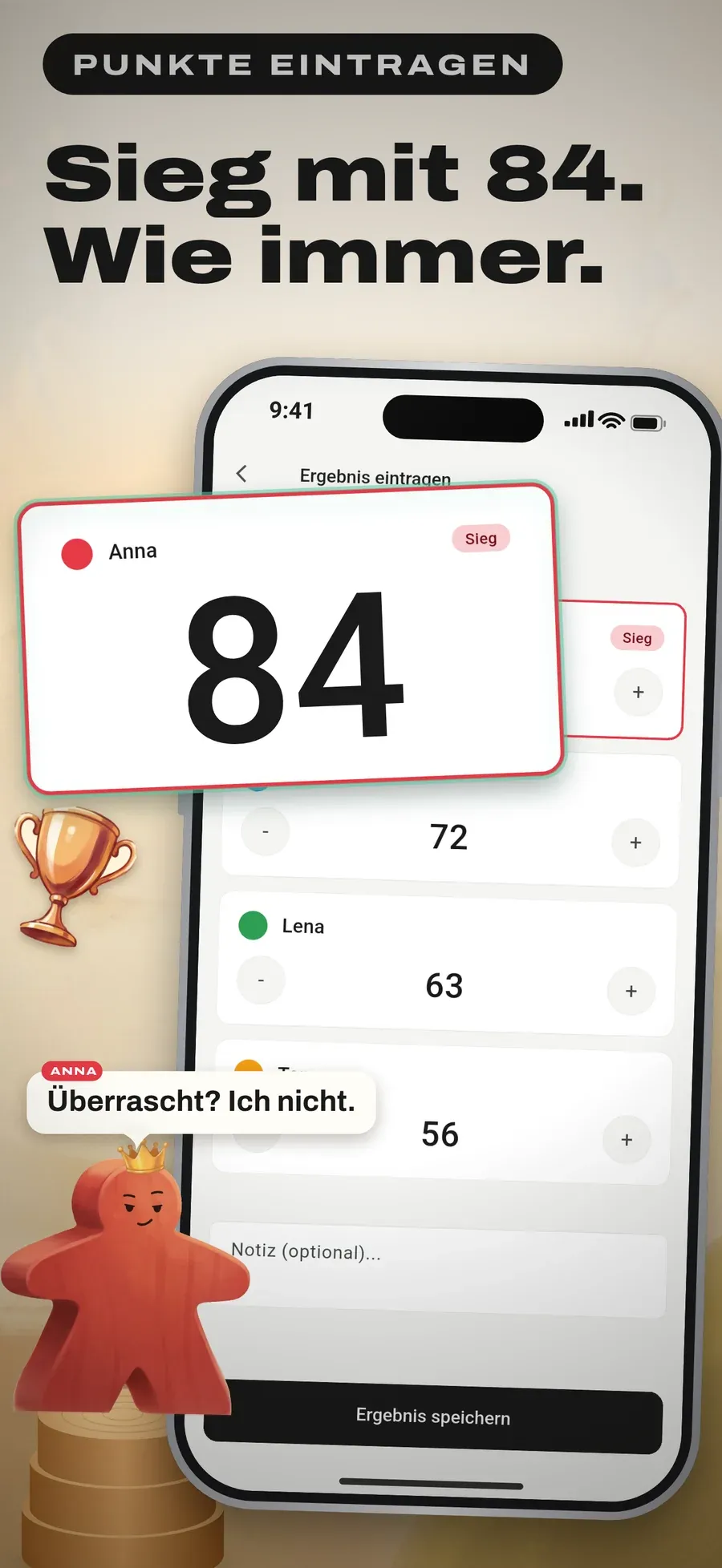 Gametracker Ergebnis eintragen: Punkte zählen, Gewinner mit 84 Punkten automatisch ermitteln