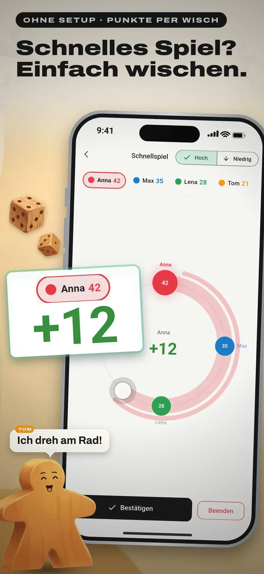 Gametracker Schnelles Spiel: Punkte per Drehrad eingeben, ohne Einrichtung, für jedes Kartenspiel oder Würfelspiel