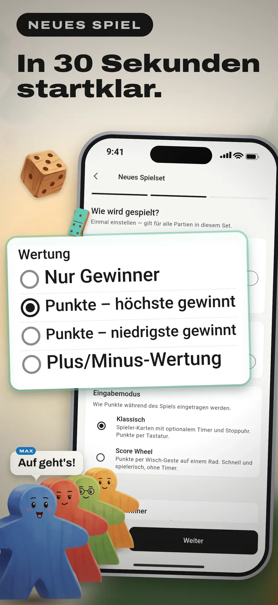 Gametracker Neues Spielset anlegen: Wertungsmodus wählen, höchste oder niedrigste Punktzahl gewinnt