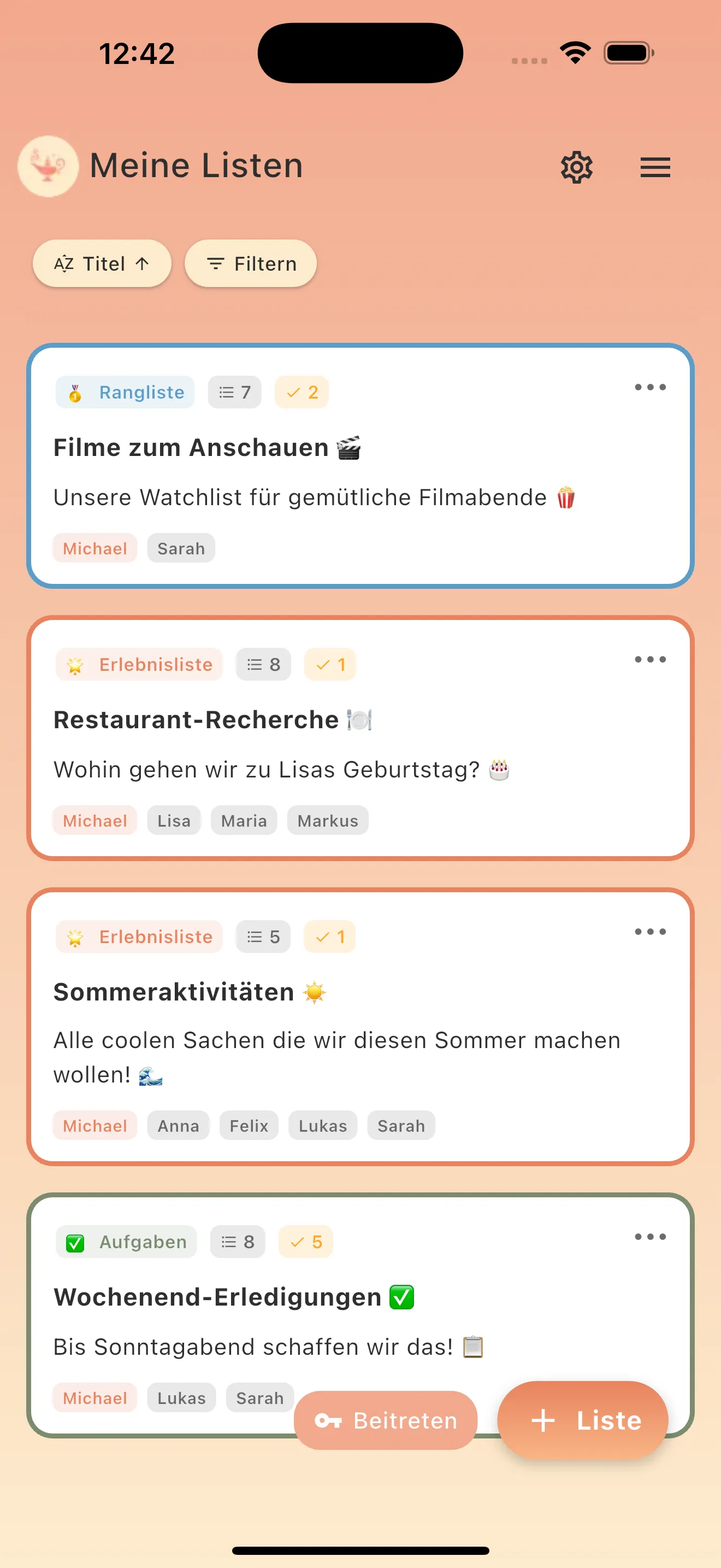soonish App – Listenübersicht mit gemeinsamen Wunschlisten